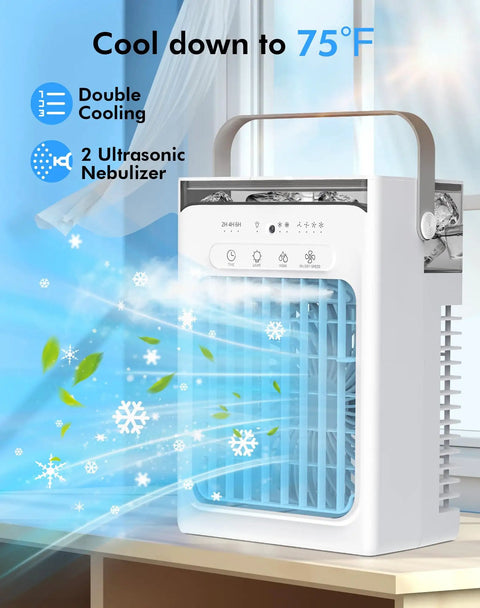 Portable Evaporative Mini AC With Remote, Four Speed Settings, on table with cooling effect, perfect for room use