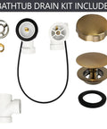 Top Shelf 35 Inch Cable Driven Bath Drain Trim Kit With Rotary Overflow Cover And Smooth Pop Up Stopper Featuring Schedule 40 PVC Construction and Slick Champagne Bronze Finish parts laid out.