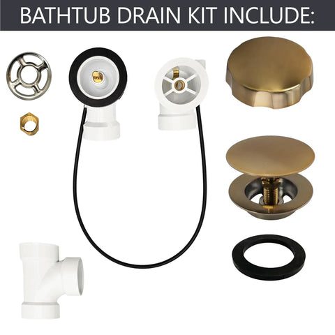 Top Shelf 35 Inch Cable Driven Bath Drain Trim Kit With Rotary Overflow Cover And Smooth Pop Up Stopper Featuring Schedule 40 PVC Construction and Slick Champagne Bronze Finish parts laid out.