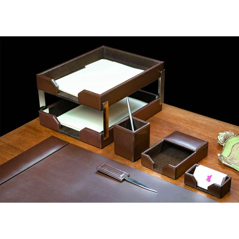 Dark Brown Bonded Leather 8 Piece Desk Accessory Set For Office Organization And Executive Decor With Scratch Resistant Velveteen Backed Blotter And Premium Leather Tray For That Boss Vibe displayed on a wooden desk with document trays and pen holder.