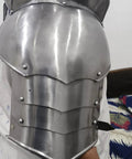 Side view of Iron Neck Plate Gorget With Pauldrons Gothic Spaulders Armor Set for LARP and SCA Knights showing silver finish.