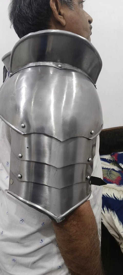 Side view of Iron Neck Plate Gorget With Pauldrons Gothic Spaulders Armor Set for LARP and SCA Knights showing silver finish.