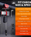 Lightweight Mini Electric Chain Hoist 1100 Lb Capacity With Two Speed Pendant Control and Instant E Stop mounted, showing specs.