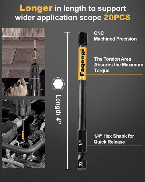 Faqeegi 20-piece 4-inch impact hex bit set with 1/4-inch hex shank, S2 steel, magnetic CNC tips for drill/driver.