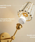 Sparkling Crystal Wall Sconces Set Of Two, Rechargeable Wireless Wall Lights With Remote, demonstrating elegant K9 crystal lampshade and magnetic bulbs.