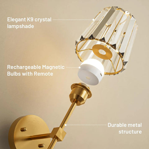 Sparkling Crystal Wall Sconces Set Of Two, Rechargeable Wireless Wall Lights With Remote, demonstrating elegant K9 crystal lampshade and magnetic bulbs.