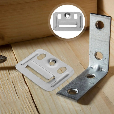 Solid Stainless Steel Wall Panel Connectors For Cabinets And Drywall on wooden surface, showing tool-free setup with heavy duty grip.