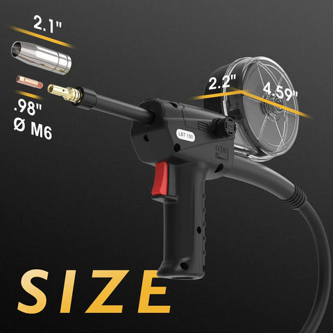 Aluminum Spool Gun For MIG Welder, 150 Amp, Euro Connection, Fits TL-200M Pro And TL-250M with dimension details