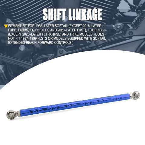 Adjustable Shift Linkage Rod For 1986 And Up Touring Softail Trike Ride Ready Fits Road King Road Glide Street Glide Electra Glide FXLRS Fat Boy Breakout Night Train Blue, blue anodized rod with rod ends