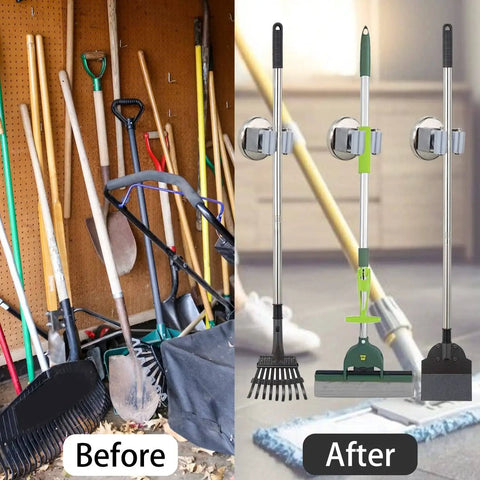 Comparison of cluttered tool area vs organized tools with Heavy Duty Magnetic Broom Holder Set No Drilling 10lb Wall Mount Hooks 2 Pack