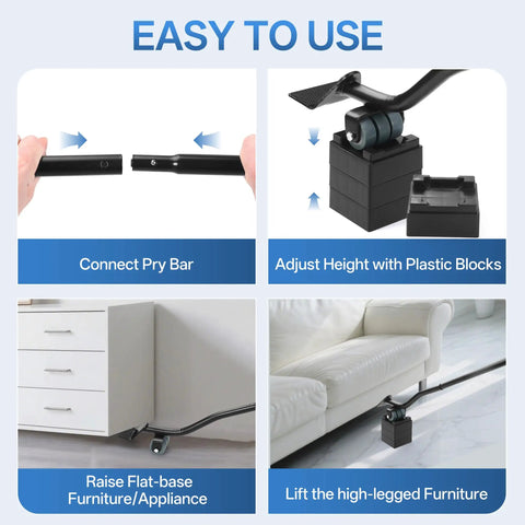 Heavy Duty Steel Furniture Lifter Tool Set With Four Grippy Pads Effortlessly Hoist Couches And Fridges For Quick Clean Ups Or Apartment Moves Absolute Game Changer That Keeps Your Back Happy During The Grind, showcasing easy setup and use.