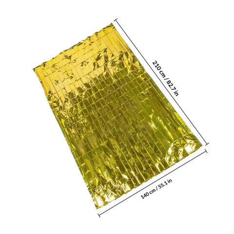 Go-To 6-Piece Survival Emergency Blanket Set With Gold And Silver Reflective Foil showing dimensions 210cm by 140cm