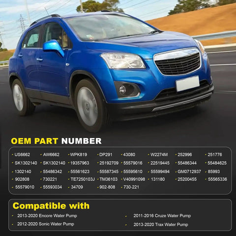 Blue car promoting Water Pump Thermostat Kit Easy Fit For 2013-2020 Buick Encore, 1.4L Turbo Engine Replacement details