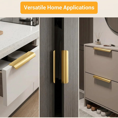 Heavy Duty 10 Pack Edge Finger Pulls For Cabinets Sleek Concealed Drawer Hardware Featuring 150 Millimeter Length And Straight Up Premium Gold Finish shown on drawers and cabinets.