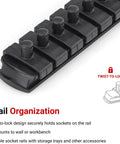 Close-up of S2 steel rail with twist-to-lock design for One Quarter Inch Drive Hex Bit Socket Set, 20-Piece With Five Sixty-Fourths Through Five Sixteenths Inch And Two Through Eight Millimeter Sockets, S2 Steel Rails For Straight Connection And Durable Handy For Automotive, Home Projects.