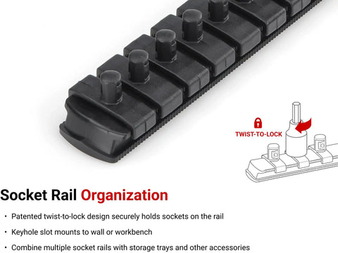 Close-up of S2 steel rail with twist-to-lock design for One Quarter Inch Drive Hex Bit Socket Set, 20-Piece With Five Sixty-Fourths Through Five Sixteenths Inch And Two Through Eight Millimeter Sockets, S2 Steel Rails For Straight Connection And Durable Handy For Automotive, Home Projects.