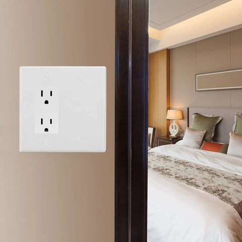 2-Gang Decorator And Blank Wall Plate White With Screws, Heavy-Duty Unbreakable Plastic Cover For Home And Office shown in bedroom