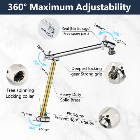 10 Inch Rain Shower Head With 16 Inch Extendable Arm For Flexible Height And Distance All Metal Chrome Square Waterfall Showerhead demonstrating 360-degree maximum adjustability with brass joints.