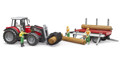 Massey Ferguson 7480 Tractor With Detachable Front Loader And Timber Trailer Set including three tree trunks and workers