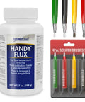 Pro Grade 7 Ounce Soldering Flux With 4 Piece Pixiss Scratch Brush Pen Set shown with Handy Flux and scratch brushes