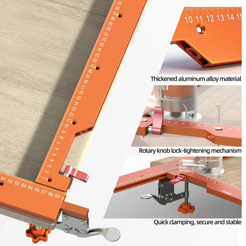 Heavy Duty Adjustable Rectangle Router Jig 21 Inch Aluminum Woodworking Template showing rotary knob and clamping mechanism.
