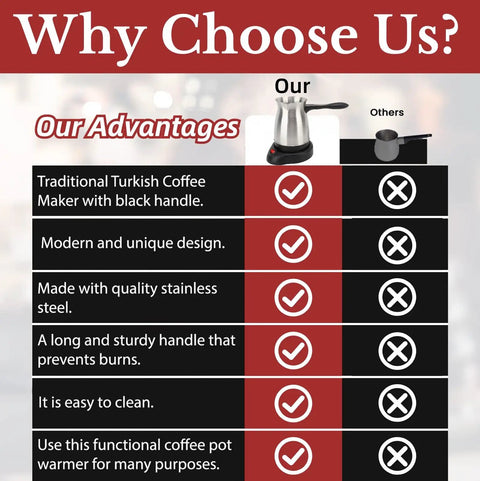 Comparison chart highlighting advantages of an Electric Turkish Coffee Maker 600ml Stainless Steel Pot over others.