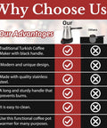 Comparison chart highlighting advantages of electric Turkish coffee maker with black handle over others.