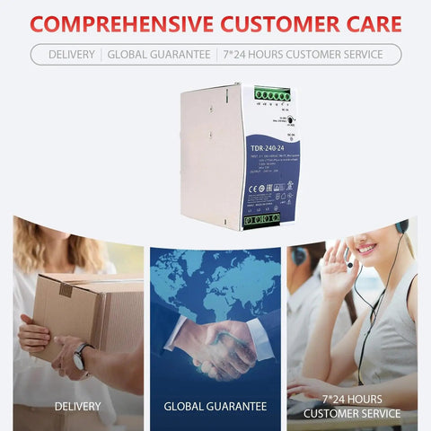 Bulletproof 240W Din Rail Power Supply 24V 10A with global guarantee and customer support features in image.