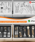 Expandable Silverware Drawer Organizer For Kitchen Drawers 3 To 5 Compartments Utensil Tray Fits Spoons Forks And Knives Black BPA Free Multipurpose Cutlery Tray Space Saver For Small Or Large Drawers shown in before and after comparison.