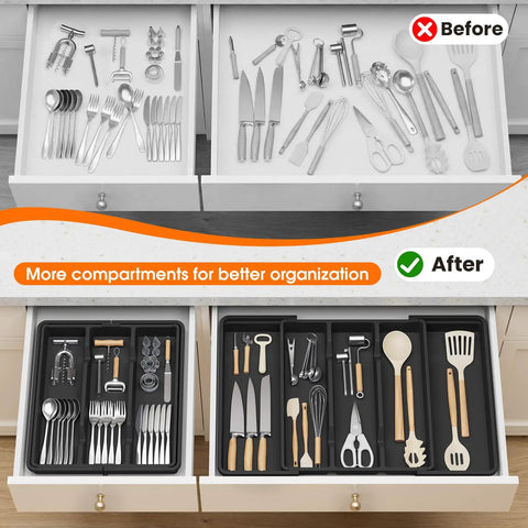 Expandable Silverware Drawer Organizer For Kitchen Drawers 3 To 5 Compartments Utensil Tray Fits Spoons Forks And Knives Black BPA Free Multipurpose Cutlery Tray Space Saver For Small Or Large Drawers shown in before and after comparison.