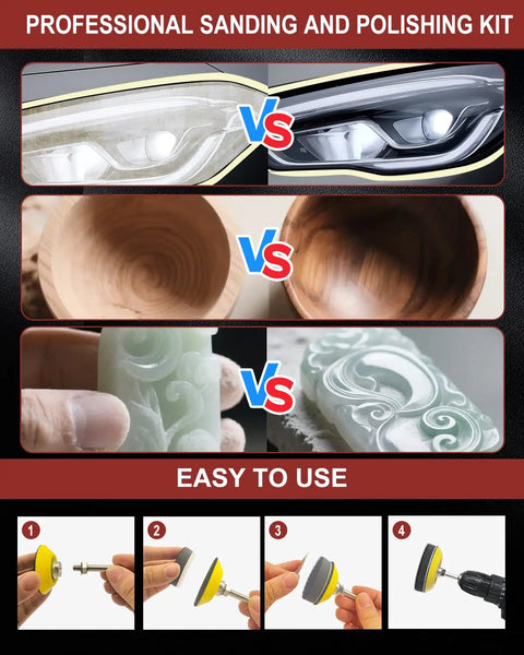 Ultra Handy 120Pc 3 Inch Sanding Discs Kit for Drill showing before and after polished car lights, wooden bowls, jade carving