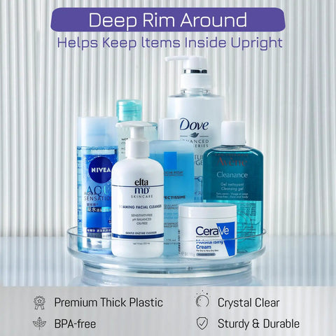 Four Pack 9 Inch Clear Acrylic Lazy Susans Non Skid Turntables Organizer displaying toiletries on countertop