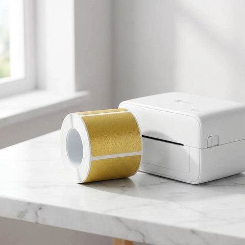 Golden Thermal Label Paper For Shipping And Mailing Self Adhesive Labels With Smooth Surface That Resists Blackening Ideal For Office School And Home Printers Random Color Pack For Easy Labeling next to a white label printer.