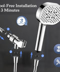 Diagram showing tool-free installation of High Pressure Shower Head With Handheld Four Spray Modes Water Filtration Anti Clog Silicone Nozzles.