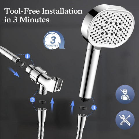 Diagram showing tool-free installation of High Pressure Shower Head With Handheld Four Spray Modes Water Filtration Anti Clog Silicone Nozzles.