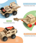Wooden STEM Kits For Kids Aged 8 To 12 Six Build Your Own Car And Science Projects Pack featuring 4WD, tank, and off-road vehicle models
