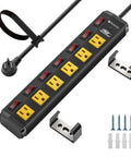 Heavy Duty Metal Power Strip With 6 Individually Switched Outlets, 1.77 Inch Wide Spacing For Bulky Plugs, 6 Foot Cord, 1200J Wall Mount Power Hub