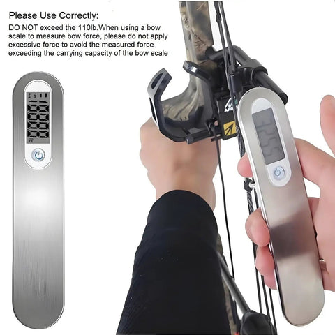 Archery Bow Scale for Recurve and Compound Bows 110 Pounds 50 Kilograms LCD Display being used on a bow