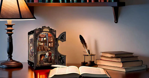 Count Cat's Study Book Nook Kit DIY Miniature Dollhouse For Grownups, 3D Wooden Puzzles on a desk under warm light