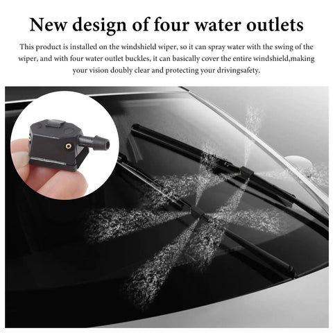 4 Pack Front Windshield Washer Nozzles With 4 Hole Spray Jets arm mounted on windshield, demonstrating full spray coverage.