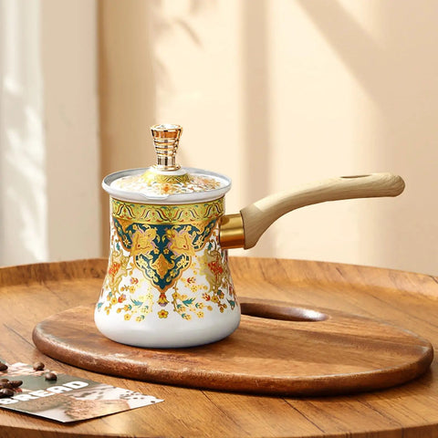 Turkish Greek Arabic Stovetop Coffee Pot With Milk Warmer 550 ML Capacity White With Gold Flower Pattern Retro Arab Turkish Design Even Heat Quick Brew Wooden Handle Perfect For Coffee Chocolate And Milk