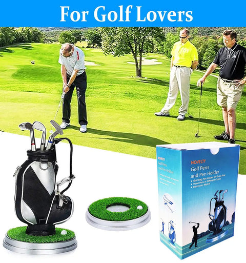 Funny Golf Pen Holder With Mini Golf Green Base And Three Club Pens for home office decor and gift for golf lovers.