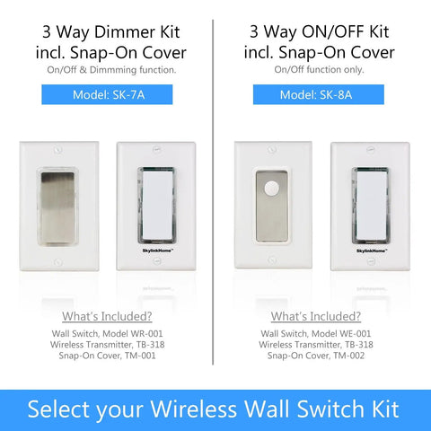 Image showing 3 Way Wireless Wall Switch Kit No Neutral Needed With Snap On Cover Easy Install options for dimmer and on/off.