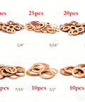 Copper Washers Set 110 Pcs 6 Types With Durable Case Assortment Kit showing arranged washers of various sizes.