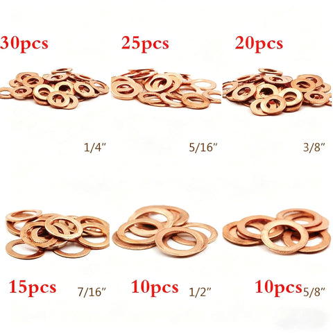 Copper Washers Set 110 Pcs 6 Types With Durable Case Assortment Kit showing arranged washers of various sizes.