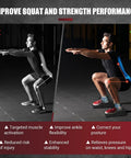Two images comparing squat techniques, highlighting proper form with Ergonomic Squat Wedge Block With 15 Degree Raised Heel Ramp.