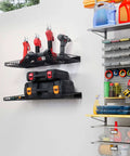 Beefy Heavy Duty Garage Wall Shelves 2 Pack 23.6 By 11.8 Inch Wall Mount Mesh Storage Racks holding tools and toolboxes in garage