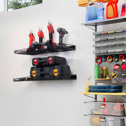 Beefy Heavy Duty Garage Wall Shelves 2 Pack 23.6 By 11.8 Inch Wall Mount Mesh Storage Racks holding tools and toolboxes in garage