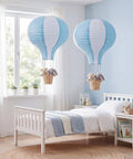 Two Pack Hanging Hot Air Balloon Paper Lanterns For Nursery Decor 15.7 Inch Centerpieces Reusable Blue And White Set With Twine Hooks And Baskets