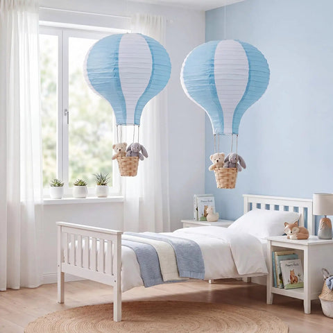 Two Pack Hanging Hot Air Balloon Paper Lanterns For Nursery Decor 15.7 Inch Centerpieces Reusable Blue And White Set With Twine Hooks And Baskets